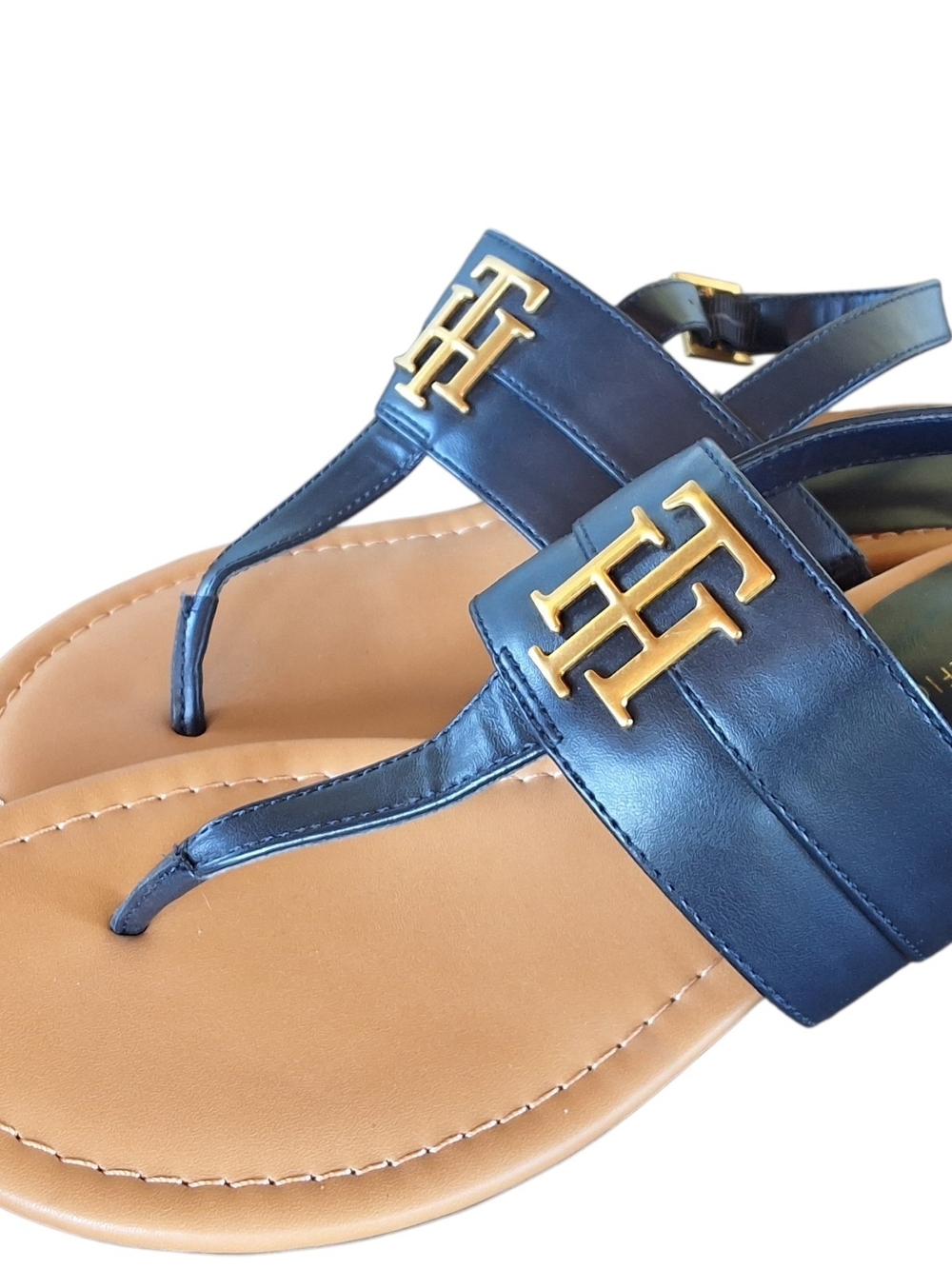 Tommy Hilfiger Navy Leather T-Strap Sandals with Gold Logo Accent Sz9